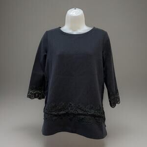 TALBOTS Black Detailed Lace Top 3/4 Sleeve Crew Neck Size XS